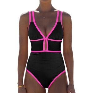 NWT Popvil One Piece Swimsuit Black Pink Neon Trim Cutout Tummy Control XL